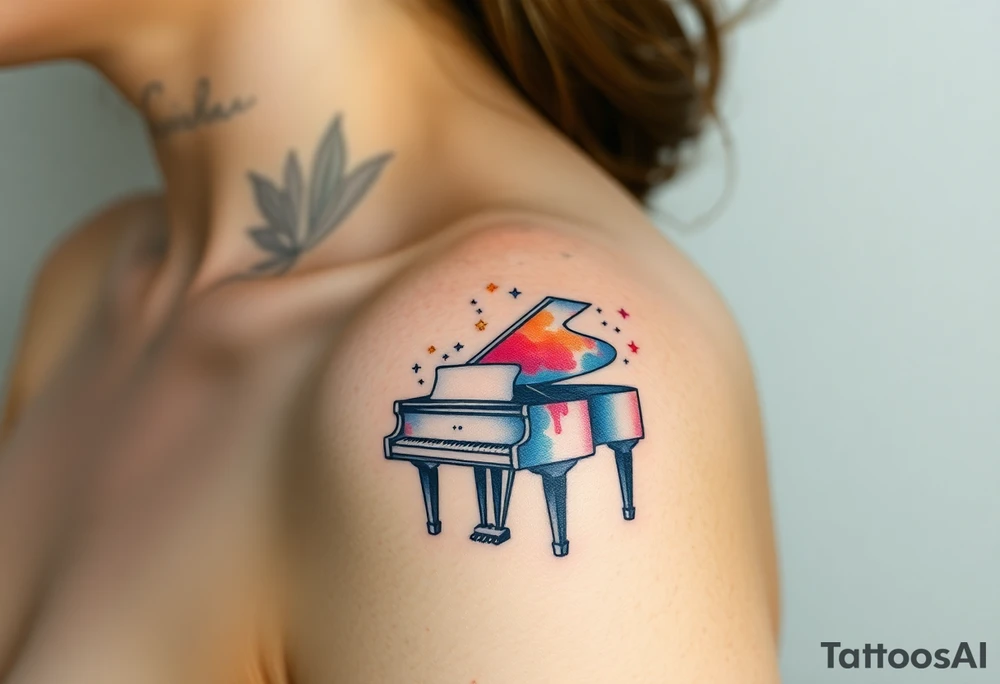 a grand piano under a swirl of stars tattoo idea