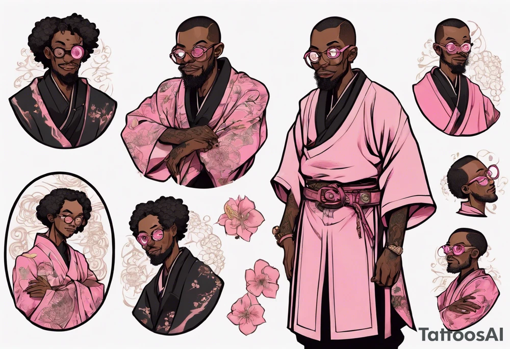 a medieval black man wearing round glasses, wearing pink belt wearing a black tunic tattoo idea