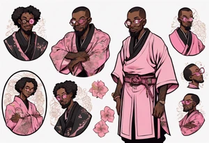 a medieval black man wearing round glasses, wearing pink belt wearing a black tunic tattoo idea