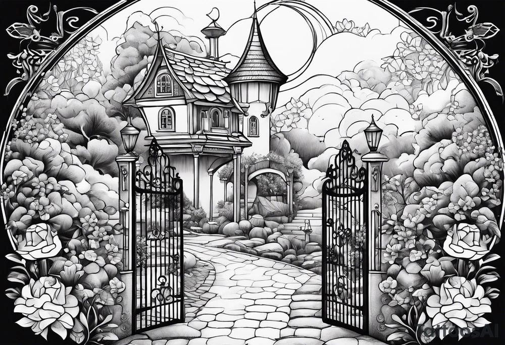 night fairy town garden small houses gate entrance
in circle vignette surrounded by clouds floral tattoo idea