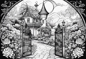 night fairy town  garden small houses gate entrance 
 in circle vignette surrounded by clouds floral tattoo idea