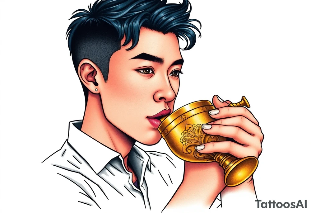 Handsome Asian young guy is drinking from medieval golden cup tattoo idea