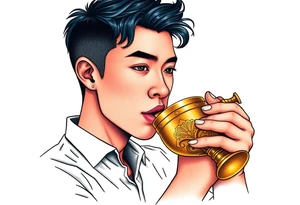 Handsome Asian young guy is drinking from medieval golden cup tattoo idea