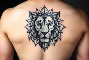 a female lion with half of her face as a messy mandala tattoo idea