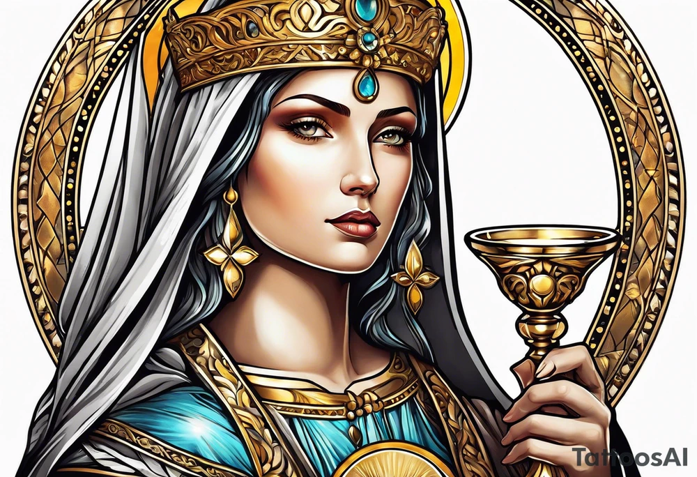 woman saint holding chalice surrounded by golden halo tattoo idea