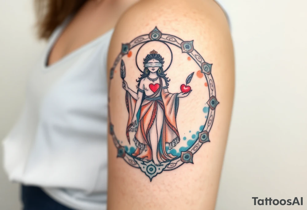 A blindfolded goddess standing in the center of a cosmic circle, with one hand holding a feather and the other a heart, symbolizing fairness in karma. tattoo idea
