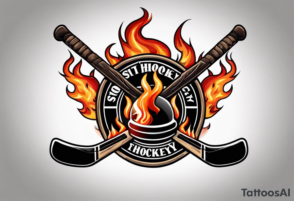 puck with crossed hockey sticks in the background and flames that says "SHOT HOCKEY" tattoo idea