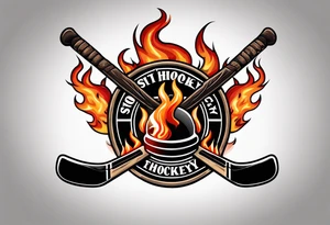 puck with crossed hockey sticks in the background and flames that says "SHOT HOCKEY" tattoo idea