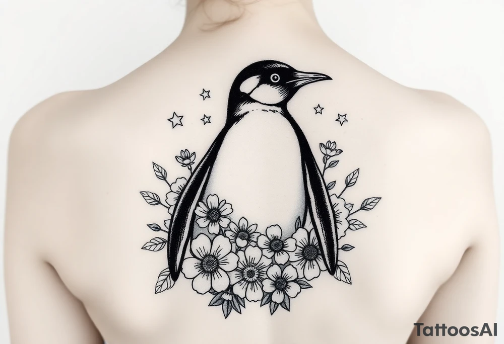 Penguin with stars and flowers black ink tattoo idea