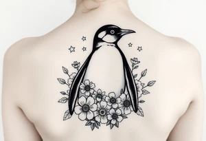 Penguin with stars and flowers black ink tattoo idea
