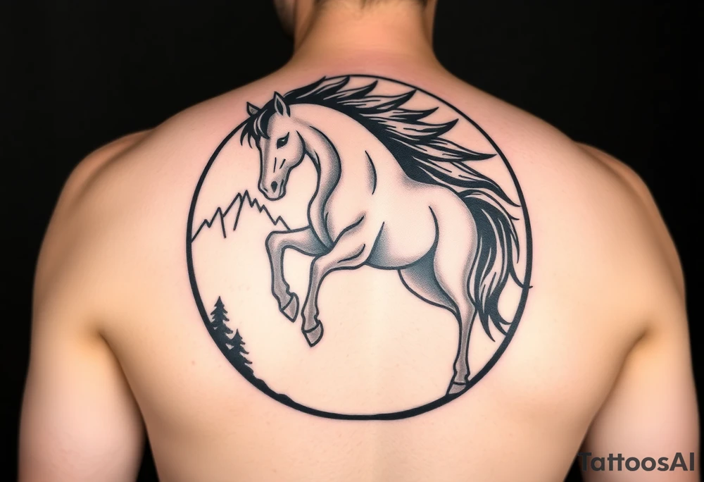 A golden mustang horse with black mane and legs, captured in motion inside a circle. The mountains and nature should frame the design, blending with the horse's black fur as a base to represent the landscape. Experiment with using the black fur to shape the mountains, playing with edges or interior details. tattoo idea