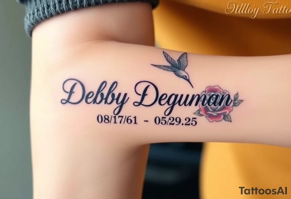 Tattoo of the exact name Debby Deguzman in chunky curly cursive with the exact dates of 08/17/61-05/29/25 surrounded by 1 hummingbird and 1 rose tattoo idea
