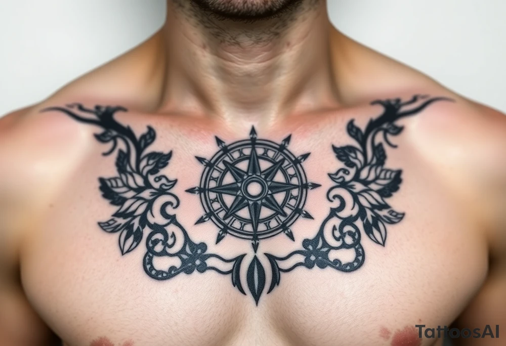 Chest tattoo with Roman stoic theme with sun dial compass tattoo idea