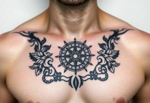 Chest tattoo with Roman stoic theme with sun dial compass tattoo idea