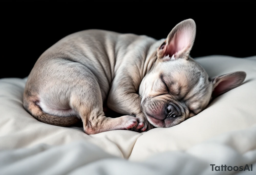 Sleeping French Bulldog puppy curled up in a ball, with light gray fur and subtle cream highlights, set on a cozy pillow. tattoo idea