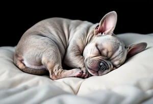 Sleeping French Bulldog puppy curled up in a ball, with light gray fur and subtle cream highlights, set on a cozy pillow. tattoo idea