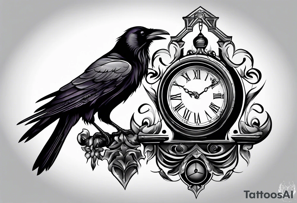 raven perched on clock tattoo idea