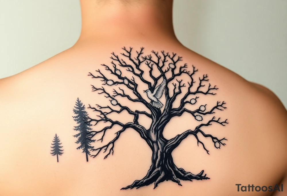 "A tattoo design featuring sun rays  clearly radiating from the top of the shoulder, with a serene forest scene in the background. Incorporate a prominent 'poison tree' design, featuring twisted and gnarled branches, symbolizing duality or mystery. Add a white dove in flight in the foreground, positioned slightly above or near the tree, symbolizing peace and hope. The overall design should have a balance of contrast and shading, blending realism with a slightly surreal artistic style." MAKE SURE THE TATOO IS ON THE SHOULDER tattoo idea