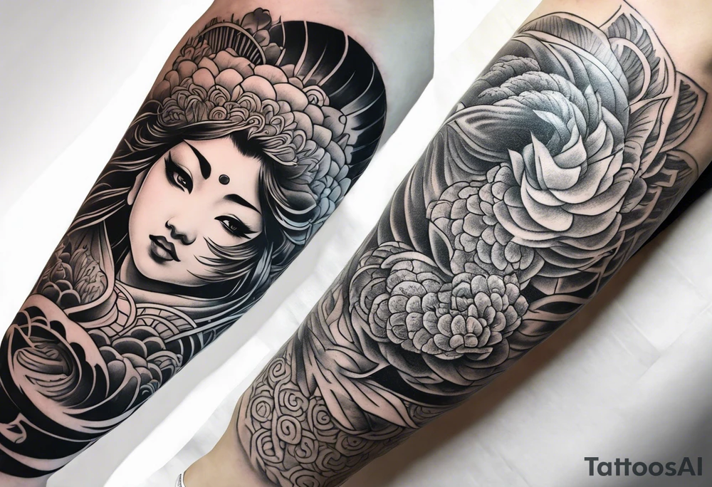 Japanese forearm sleeve stencil tattoo idea