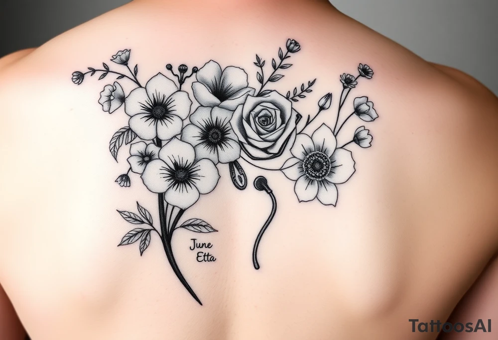 6 inches tall by 4 inches wide approximately, black and white tattoo with a bouquet of hollyhocks, one wild rose, and wild flowers, include a stethoscope along the side with the CNA symbol and the name June Etta tattoo idea
