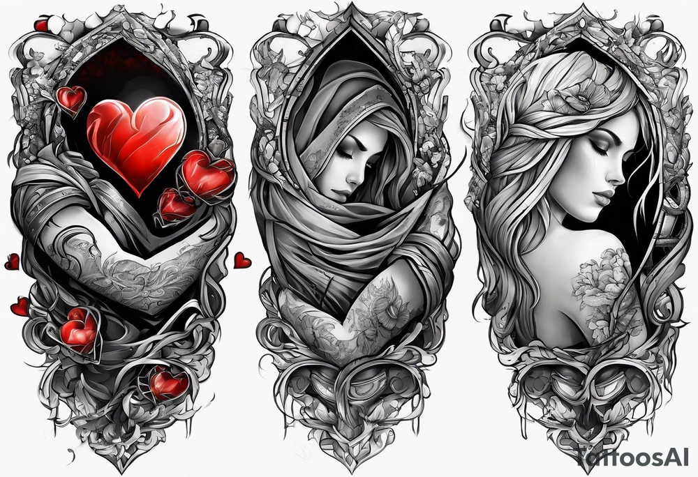 Arm sleeve depicting broken heart, pain suffering and loneliness tattoo idea