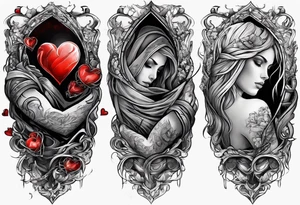 Arm sleeve depicting broken heart, pain suffering and loneliness tattoo idea