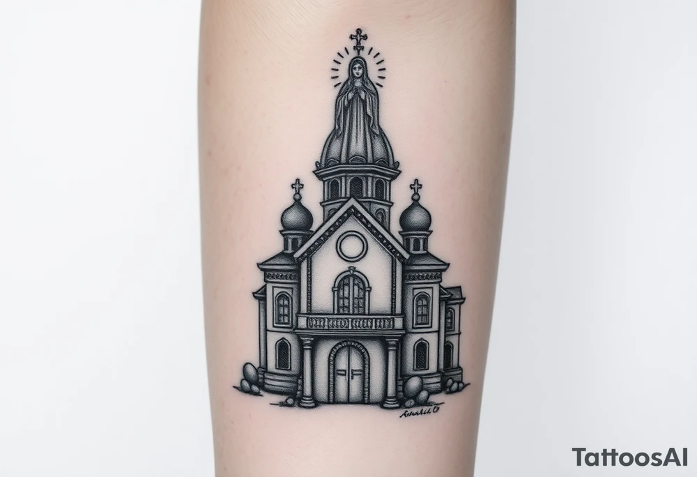 in a dorsal view a detailed orthodox church with a band at the front shrouded with a mist above and fading into a virgin mary overlooking above at the top tattoo idea