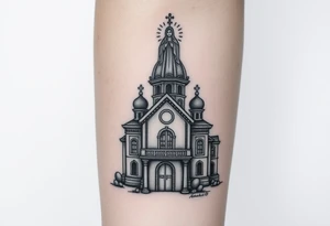 in a dorsal view a detailed orthodox church with a band at the front shrouded with a mist above and fading into a virgin mary overlooking above at the top tattoo idea