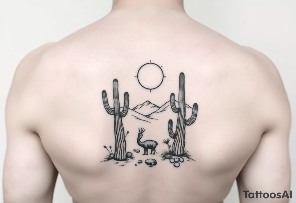 Kokopelli desert scene with cactus and sun tattoo idea