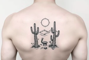 Kokopelli desert scene with cactus and sun tattoo idea