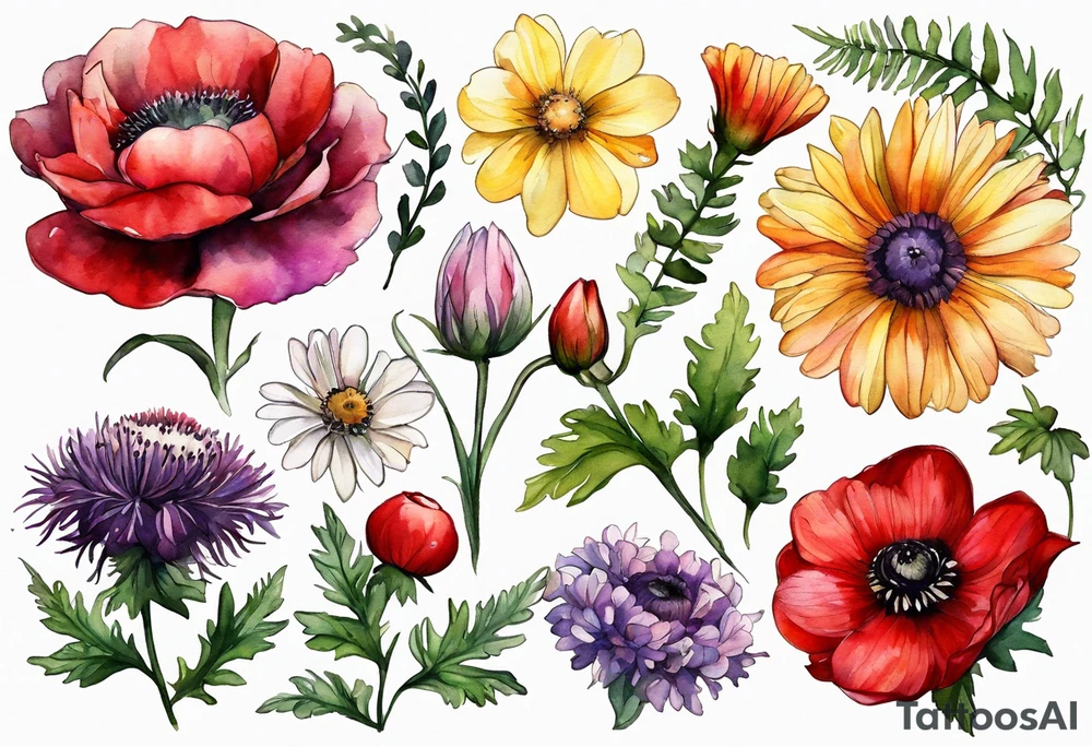 wildflowers with thistles, ferns, ranuculus, white anemones, sun flowers, red flowers, pink flowers, purple flowers, buttercups, babys breath, daisies, and greenery all in watercolor tattoo idea