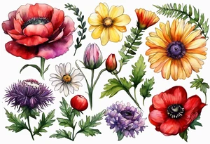 wildflowers with thistles, ferns, ranuculus, white anemones, sun flowers, red flowers, pink flowers, purple flowers, buttercups, babys breath, daisies, and greenery all in watercolor tattoo idea
