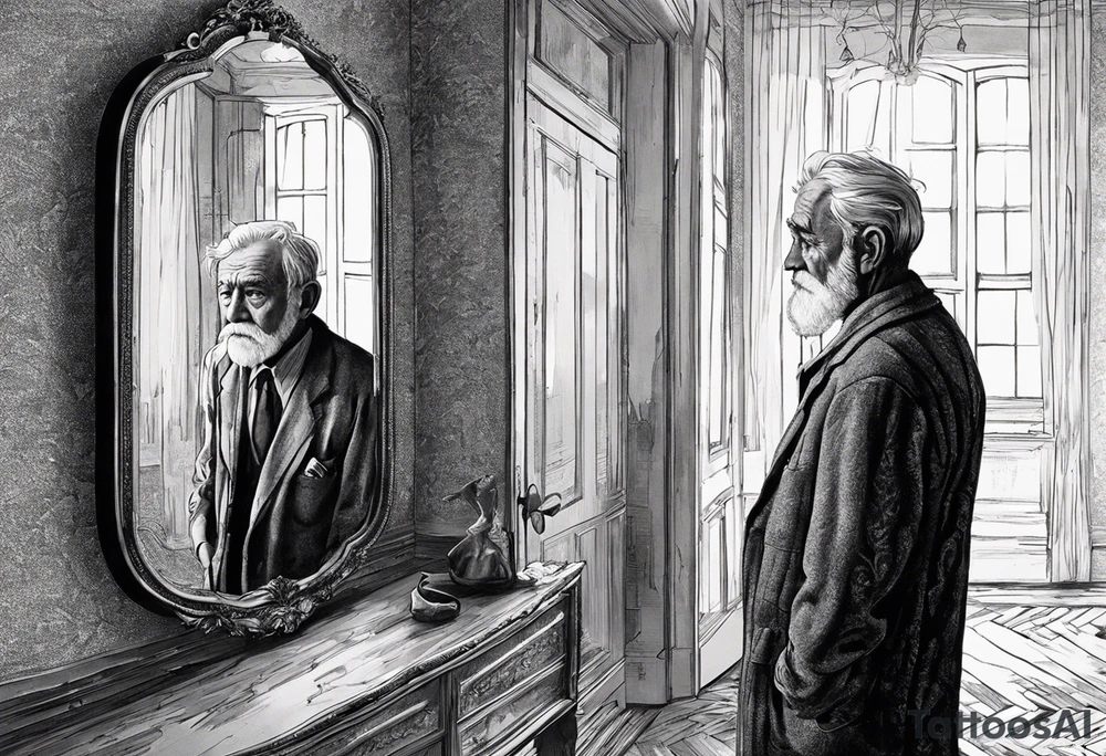 To visualize your idea:

The old, sad man stands in front of the mirror, with deep lines on his face, expressing sorrow and a sense of loss.
The mirror reflects a joyful child, symbolizing lost youth, innocence, and nostalgia. The child’s reflection should be bright, standing in stark contrast to the man’s appearance.
Surrounding them are wilted flowers, such as roses and lilies, representing the fragility of life and time passing.
Dark, heavy shading and contrasts would emphasize the melancholic atmosphere. tattoo idea