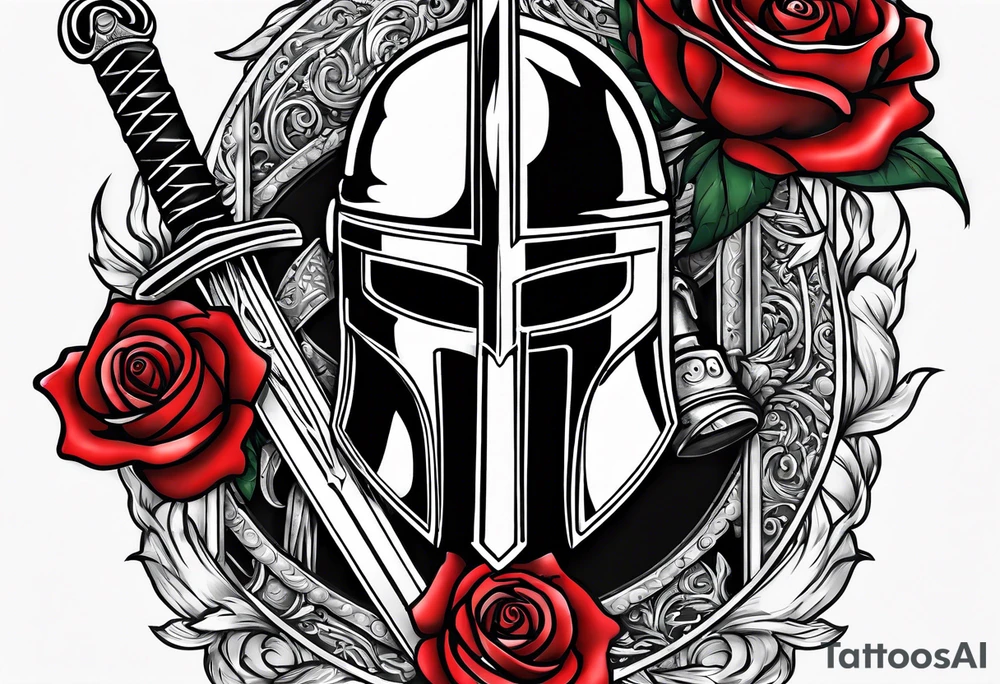 A miniature image of a Spartan helmet and a medieval sword with a rose. tattoo idea