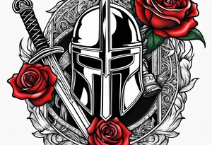 A miniature image of a Spartan helmet and a medieval sword with a rose. tattoo idea