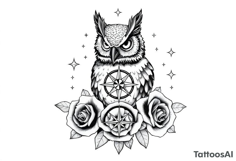 an owl,compass,roses,stars. tattoo idea