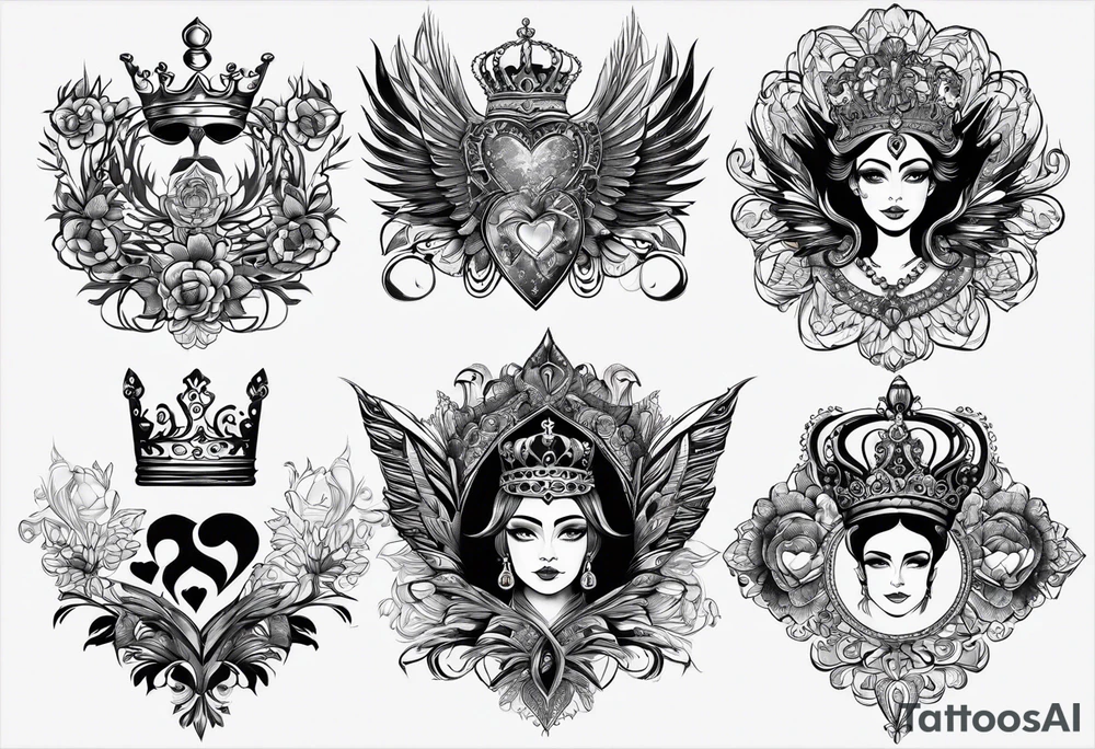 Corona de rey puesta en un corazón
Esqueletos pairaras y hadas tattoo idea