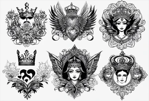 Corona de rey puesta en un corazón
Esqueletos pairaras y hadas tattoo idea