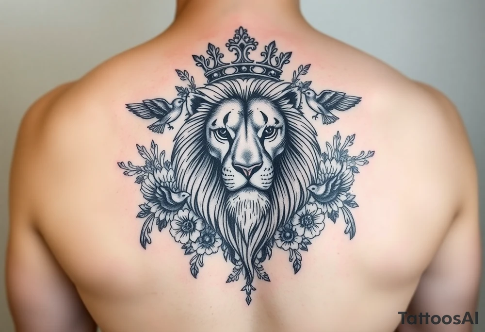 powerful majestic lion with a crown, surrounded by floral ornaments and birds tattoo idea