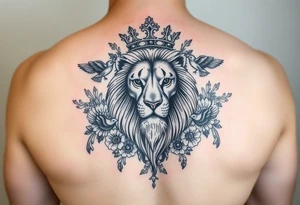 powerful majestic lion with a crown, surrounded by floral ornaments and birds tattoo idea