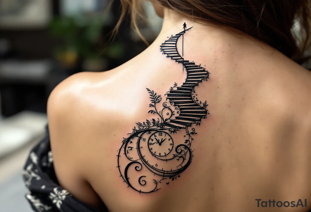 A spiral staircase leading to a clock face, where the hours are replaced by meaningful life events. tattoo idea