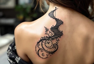 A spiral staircase leading to a clock face, where the hours are replaced by meaningful life events. tattoo idea