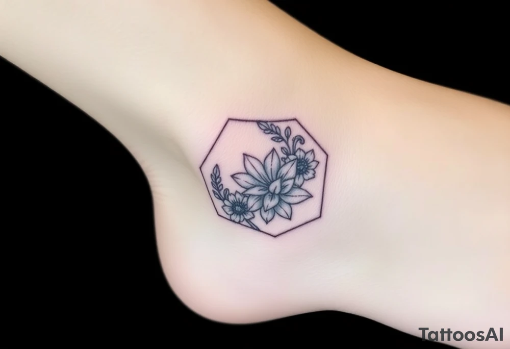 Faint Hexagon with Leo, larkspur and water lilies in the center tattoo idea