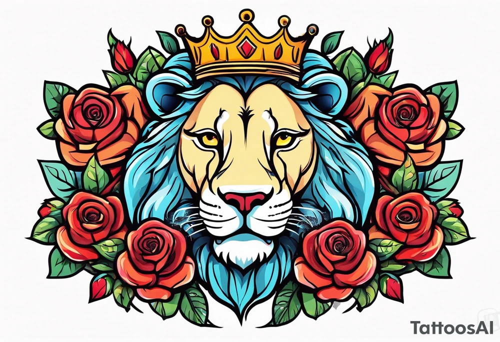 Roaring Lion with crown  with roses tattoo idea