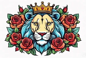 Roaring Lion with crown  with roses tattoo idea