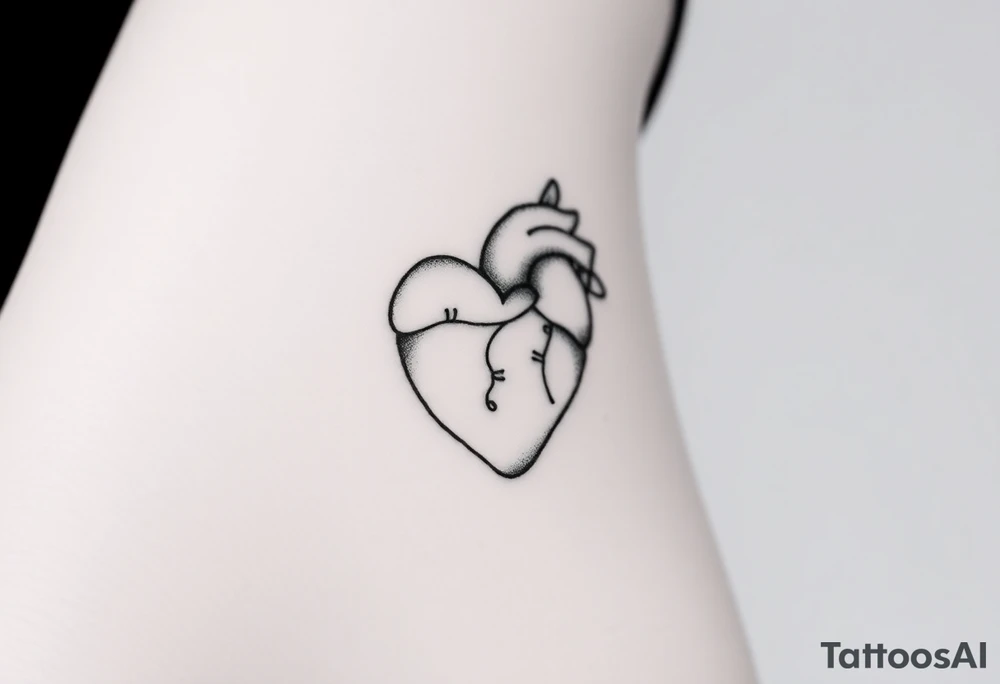 Black and gray fine line tattoo design of a small anatomical heart delicately stitched together with thin, graceful thread lines. The stitches should look gentle and intentional, symbolizing emotional healing, self-acceptance, and love for oneself. Add subtle texture and soft shading to give a poetic, tender feeling — the heart should feel warm, not broken. The style is elegant, feminine, and symbolic, around 7–8 cm, ideal for an arm placement. Avoid cartoonish elements, blood, sadness, or anatomical realism — focus on beauty, resilience, and rebirth through self-love. tattoo idea