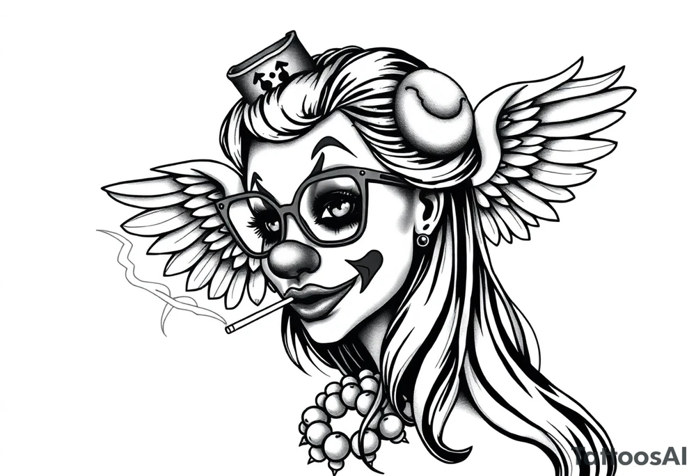 beautiful long hair pin up Clown face Girl payasa  thug eyeglasses  angelic wings smoking a cigarette tattoo idea