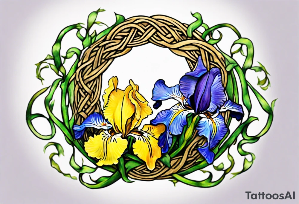 Create a small thick colorful Vincent van Gogh Irises tattoo , with vines in Celtic knots gracefully intertwining at a central point in the middle of the wreath.  The intended placement is on the upper chest. The overall design should be small in size while maintaining a delicate and artistic aesthetic. Pay attention to the graceful flow of the vines and the placement of the irises to achieve a refined and elegant look. tattoo idea