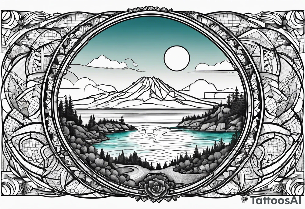 A circle with a map of Whidbey Island inside of it. tattoo idea
