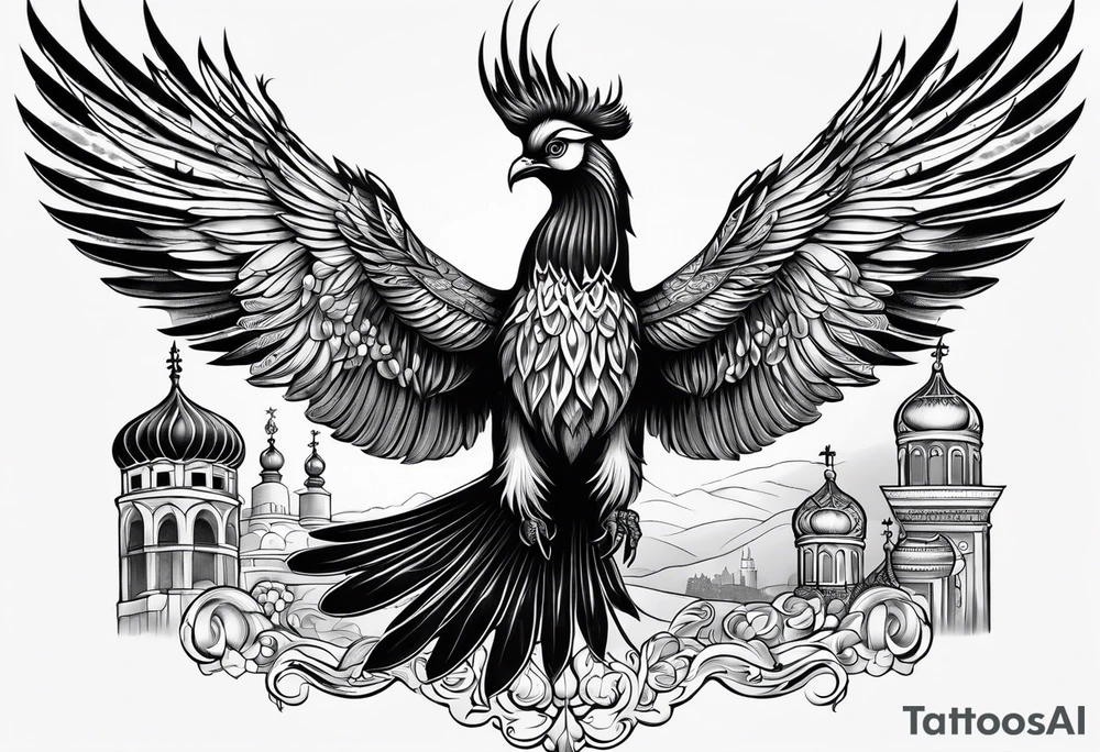 russian firebird in-flight with long fancy tail and 3 small onion cap monastery towers in background, with "Isaiah 43: 18-19" tattoo idea